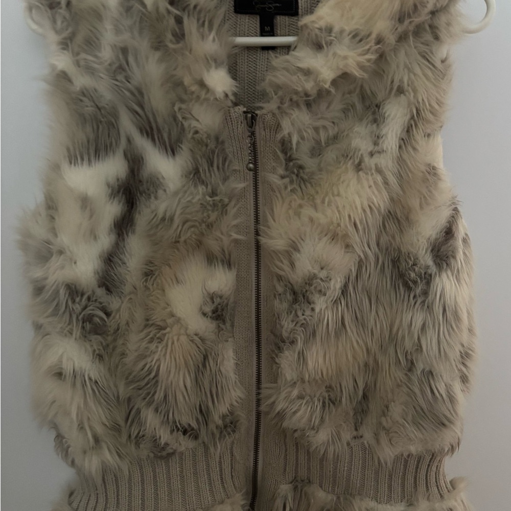 Jessica Simpson Plush Faux Fur Zip Vest in Ivory and Taupe